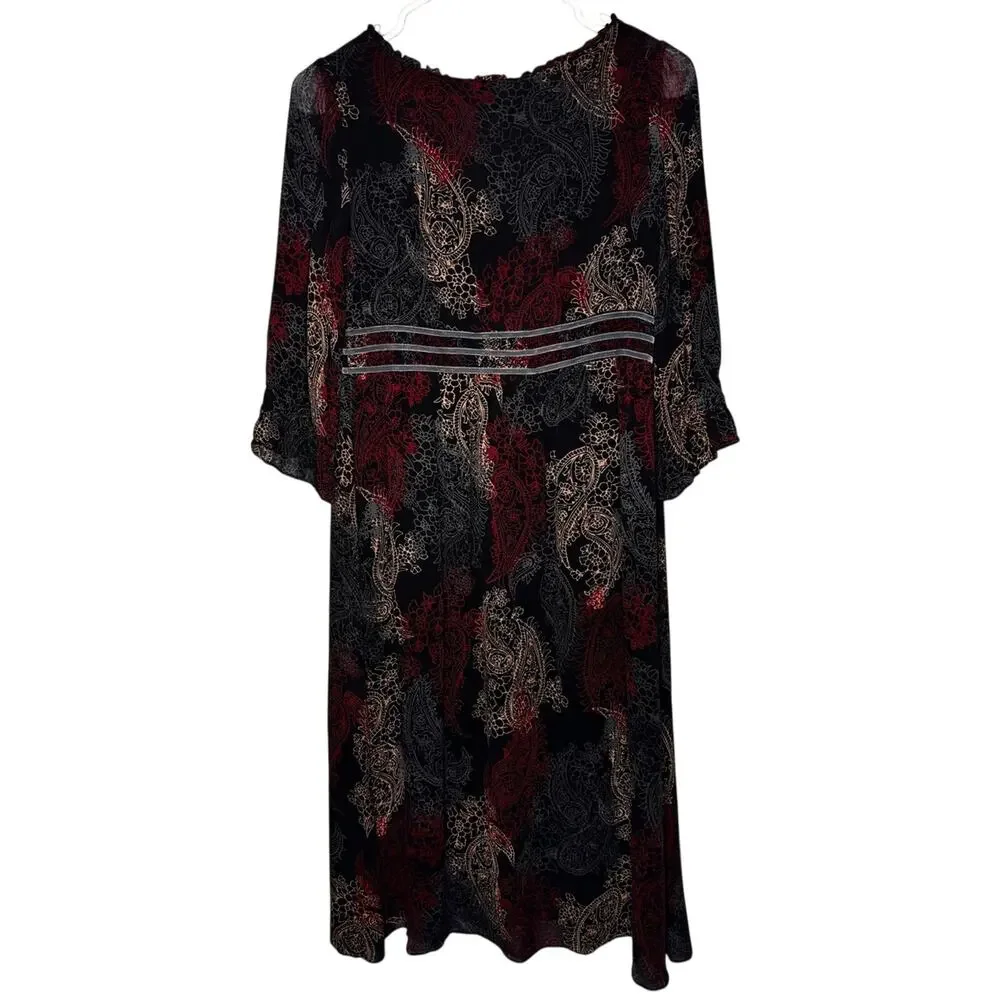 Sundance Black Paisley Print Silk Midi Dress w/ Velvet Ribbon Waistband 2 - Picture 2 of 4